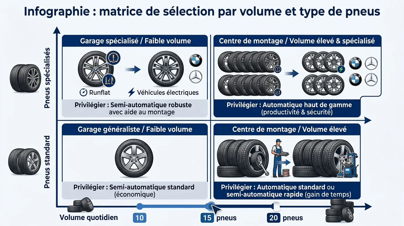 Infographie : matrice de sélection par volume et type de pneus