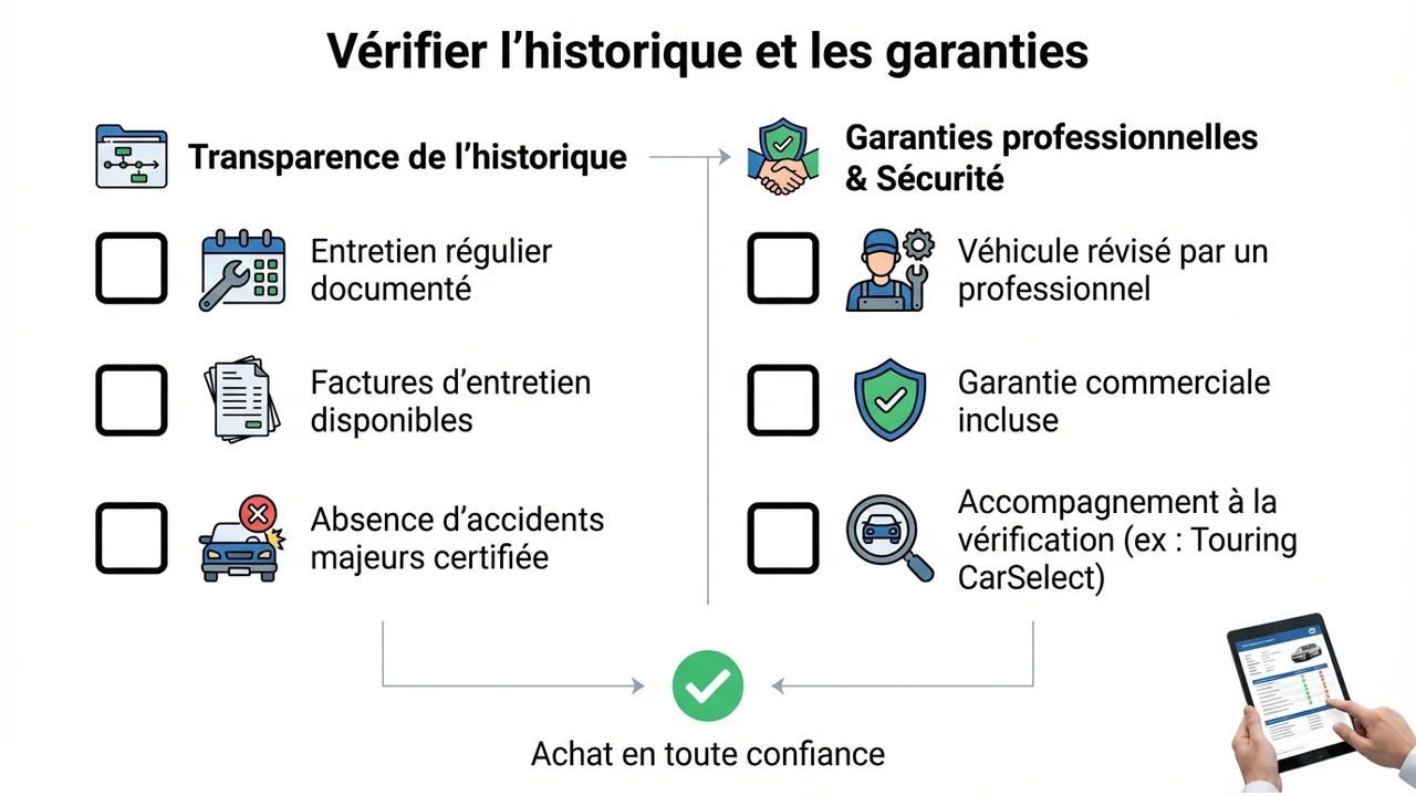 Infographie montrant une liste de vérification incluant le carnet d'entretien, les factures, le rapport d'expertise et les garanties.