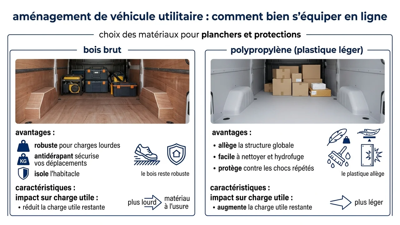 Tableau visuel comparant le bois brut et le polypropylène sur les critères de poids, résistance et coût.
