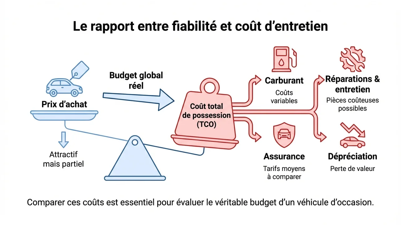 Graphique circulaire illustrant la part du prix d'achat par rapport aux coûts récurrents comme l'assurance, le carburant et l'entretien.
