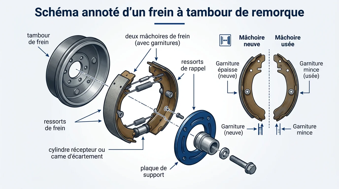 Schéma annoté d'un frein à tambour de remorque