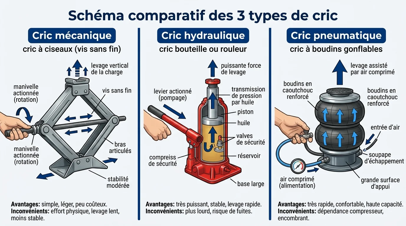 Schéma comparatif des 3 types de cric