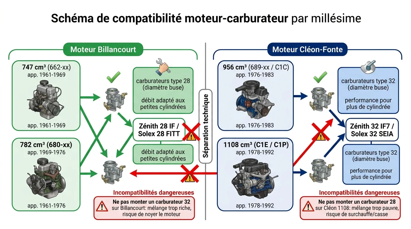 Schéma de compatibilité moteur-carburateur par millésime