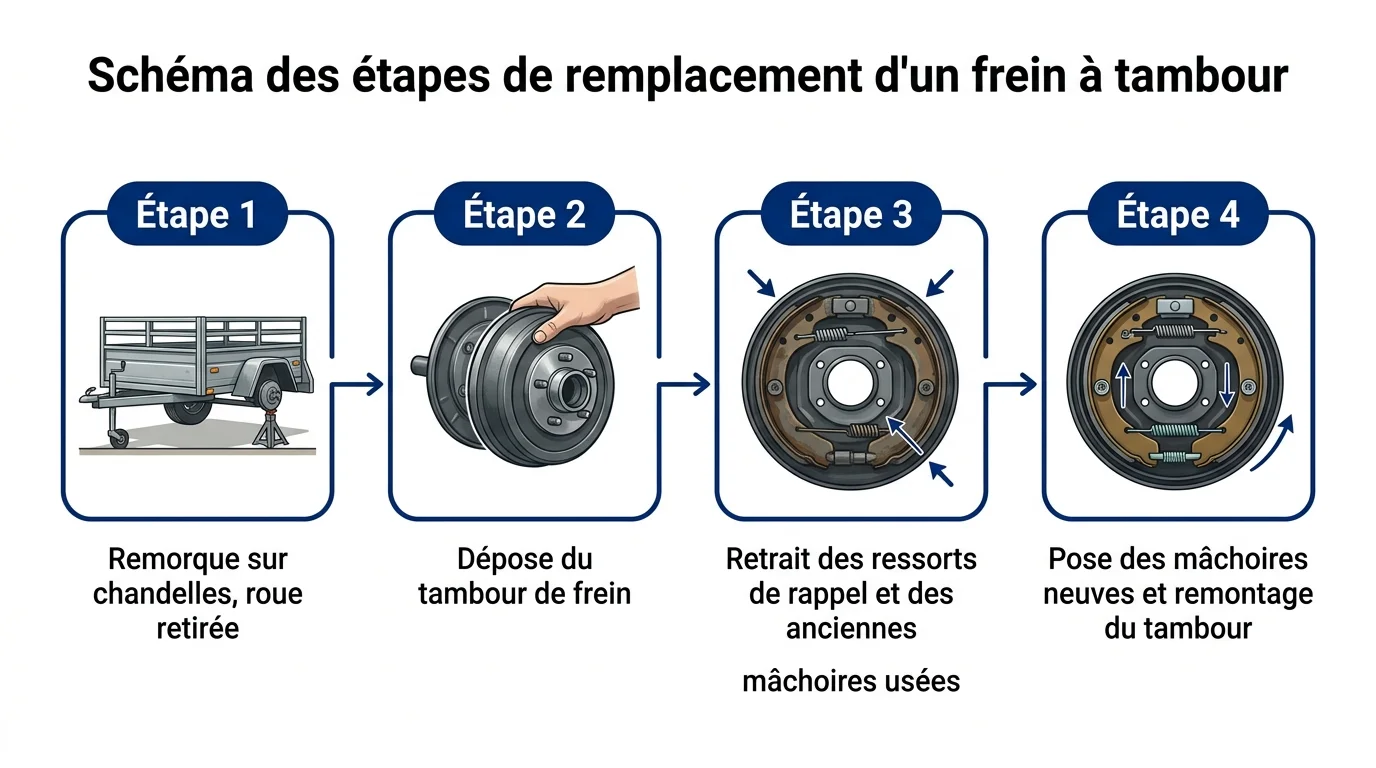 Schéma des étapes de remplacement d'un frein à tambour