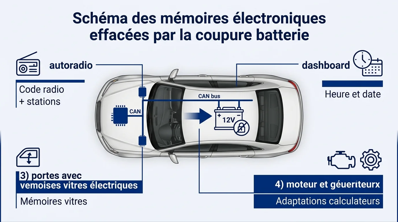 Schéma des mémoires électroniques effacées par la coupure batterie