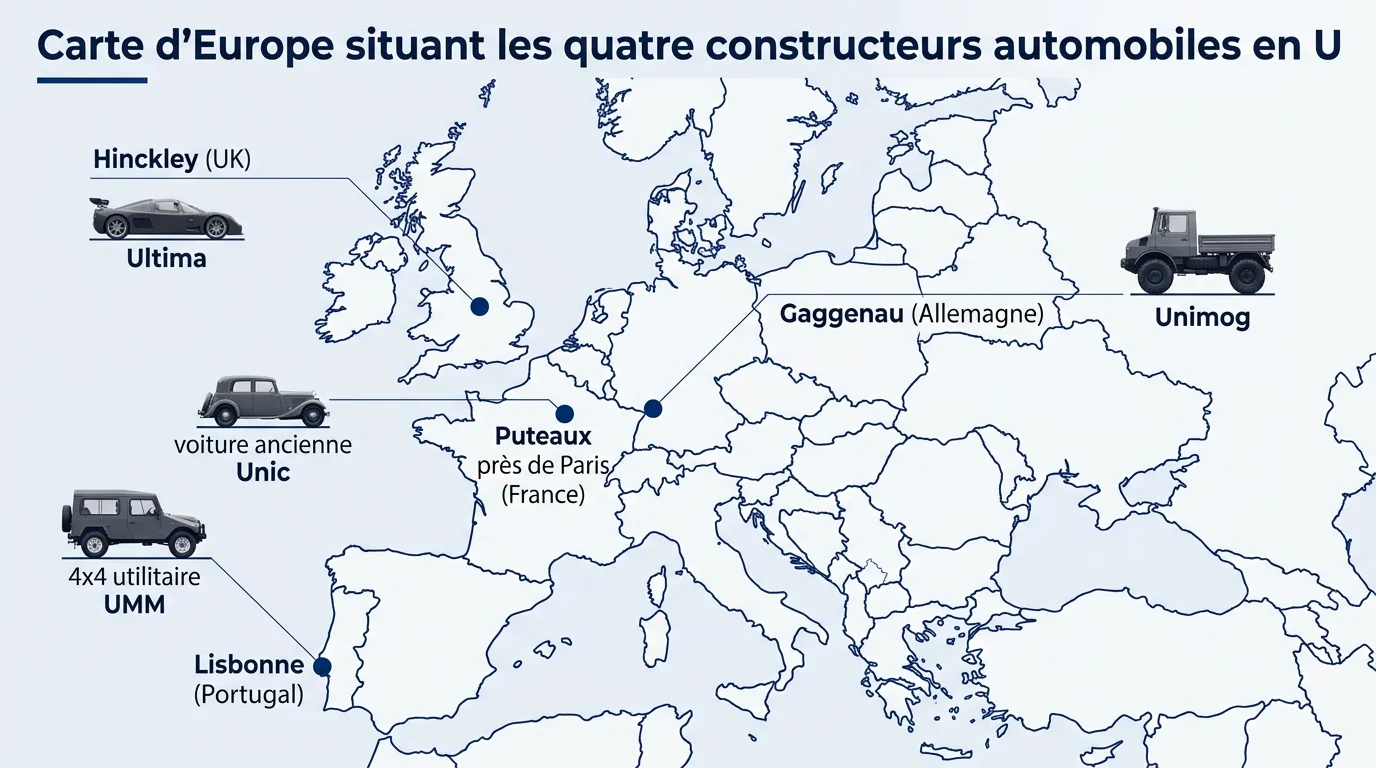 Carte d'Europe situant les quatre constructeurs automobiles en U