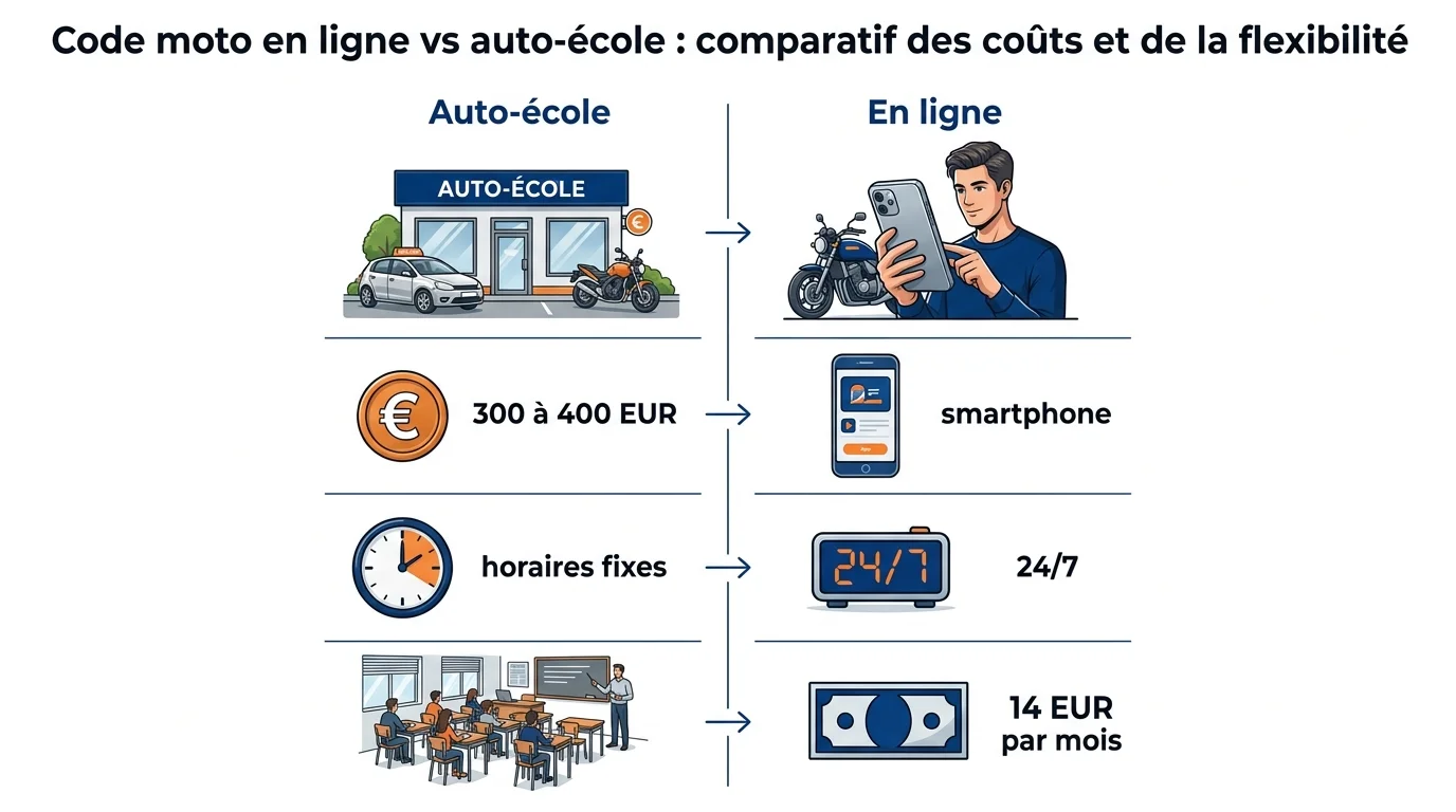 Code moto en ligne vs auto-école : comparatif des coûts et de la flexibilité