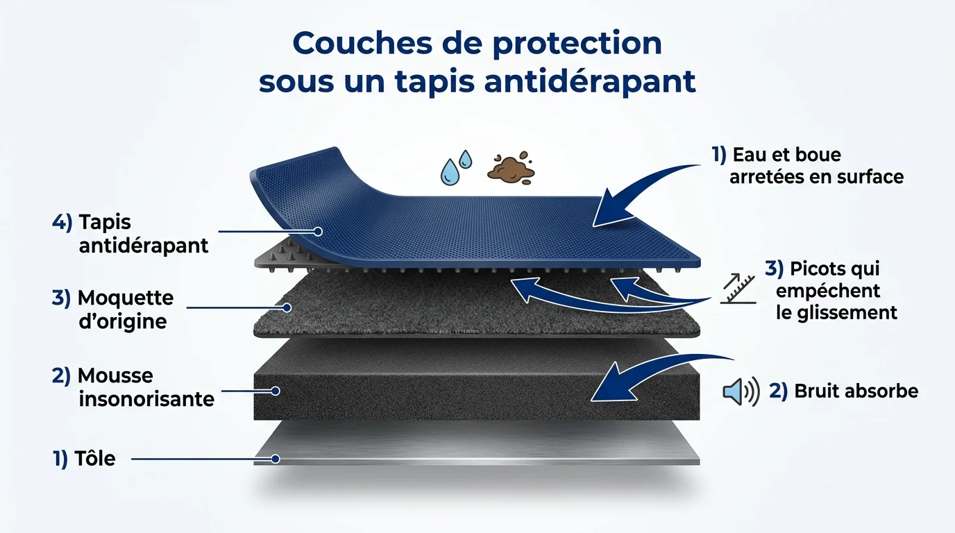 Couches de protection sous un tapis antiderapant