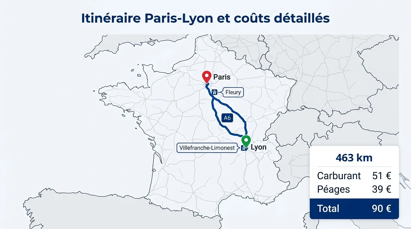 Itinéraire Paris-Lyon et coûts détaillés