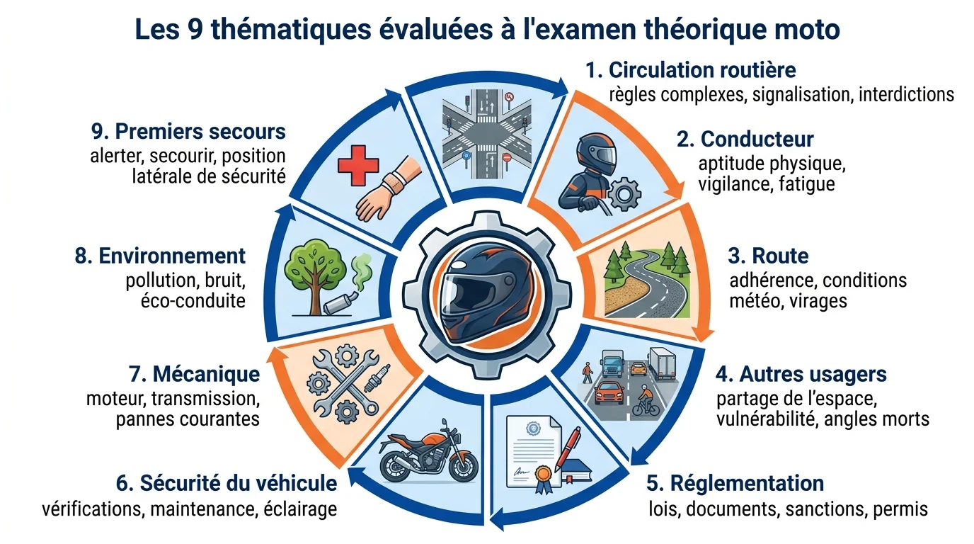 Les 9 thématiques évaluées à l'examen théorique moto