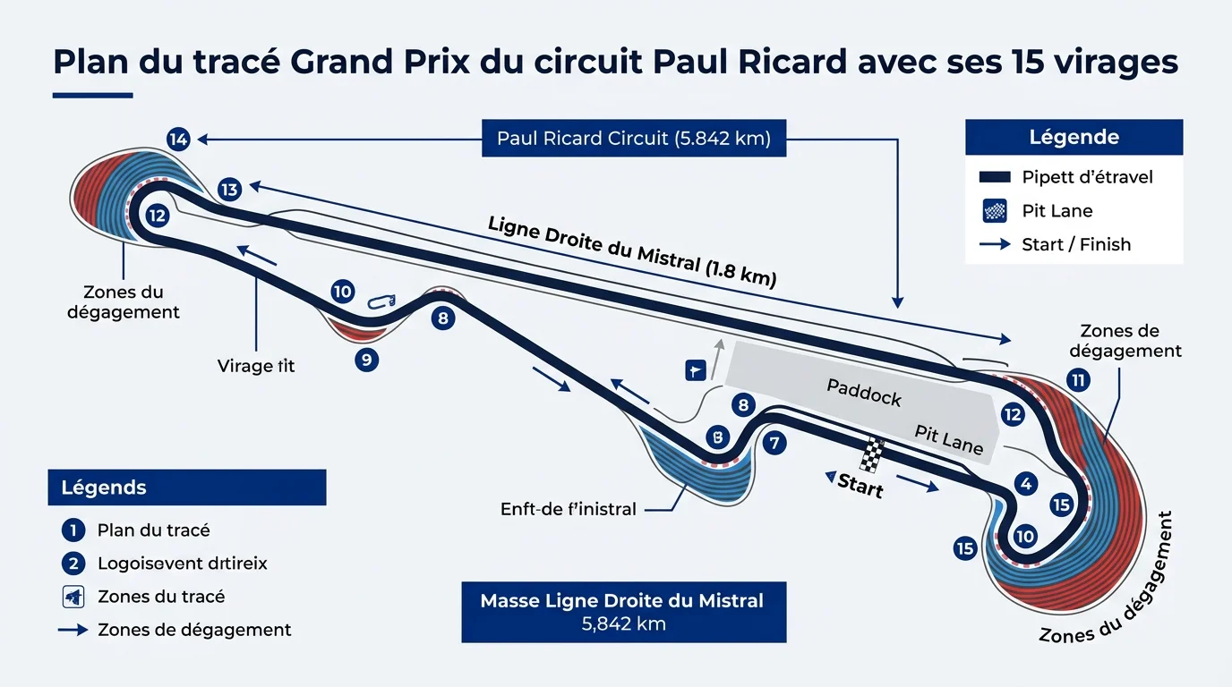 Plan du tracé Grand Prix du circuit Paul Ricard avec ses 15 virages