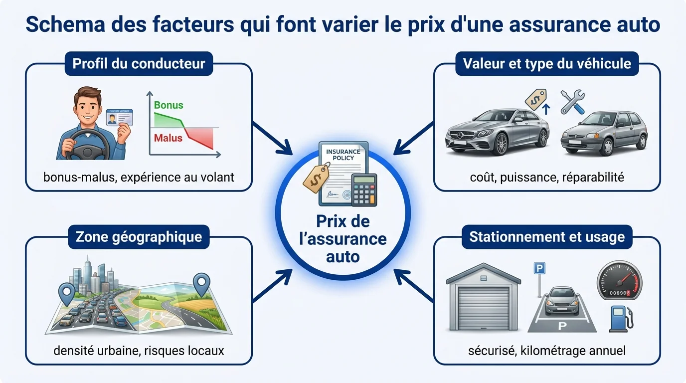 Schema des facteurs qui font varier le prix d'une assurance auto