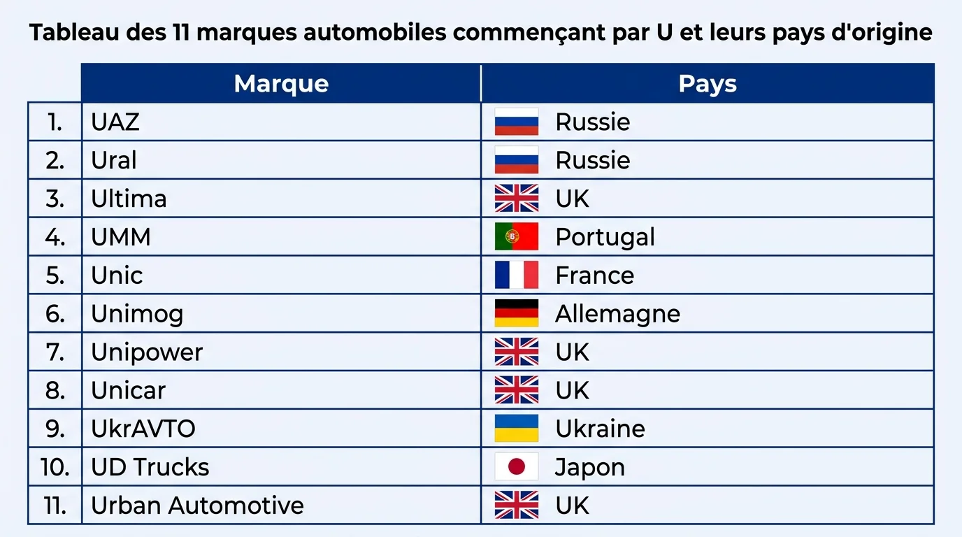 Tableau des 11 marques automobiles commençant par U et leurs pays d'origine