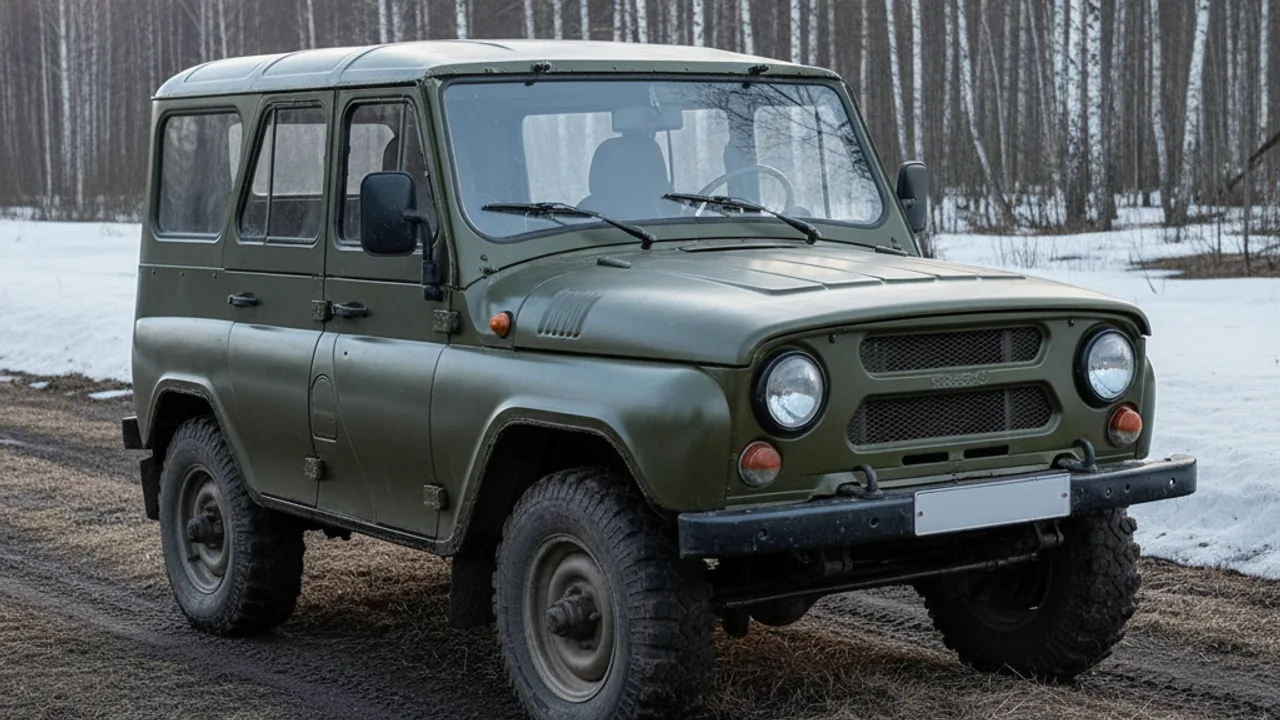 Tout-terrain russe sur piste boueuse evoquant les modeles UAZ et Ural