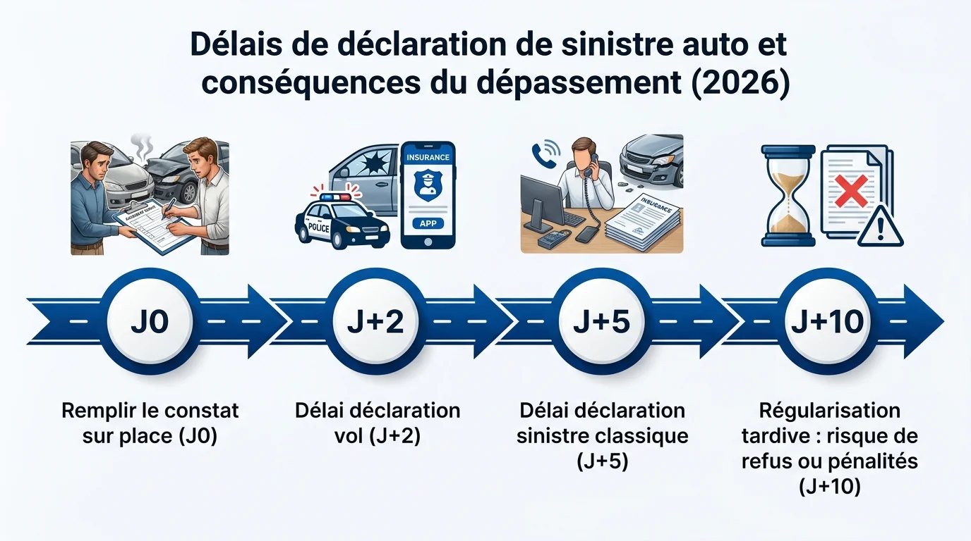 Frise des délais J0, J+2, J+5 et J+10 pour déclarer un sinistre