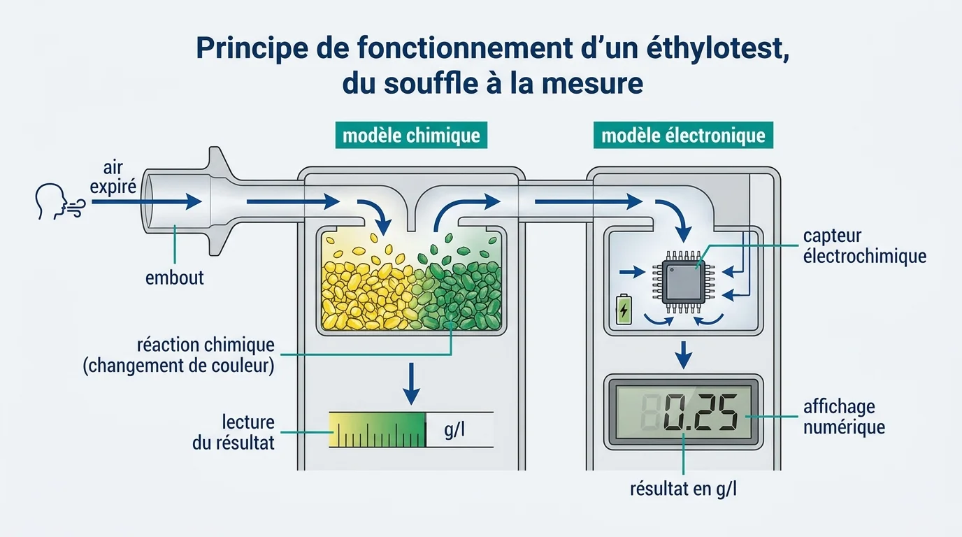 Principe de fonctionnement d'un ethylotest, du souffle a la mesure