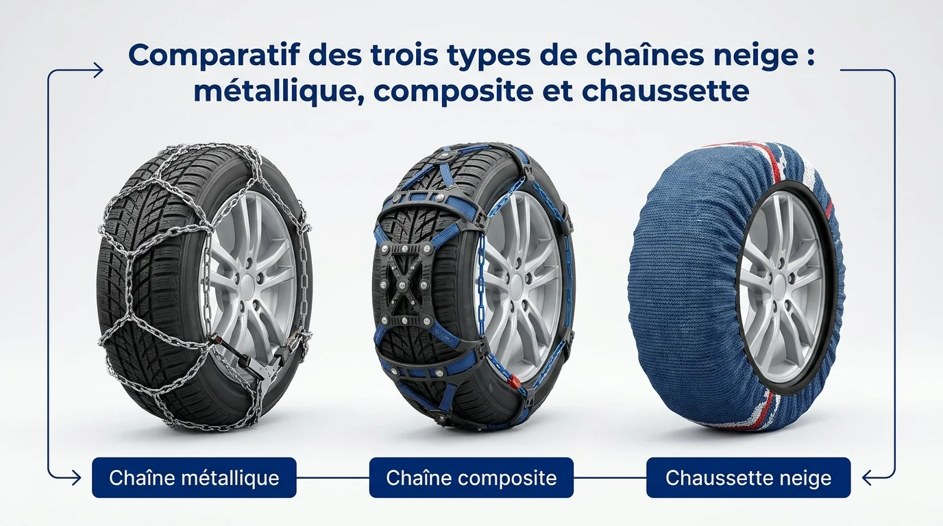 Comparatif des trois types de chaînes neige : métallique, composite et chaussette
