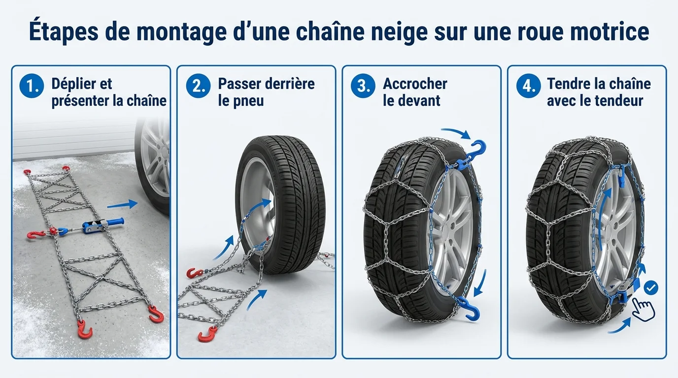 Étapes de montage d'une chaîne neige sur une roue motrice