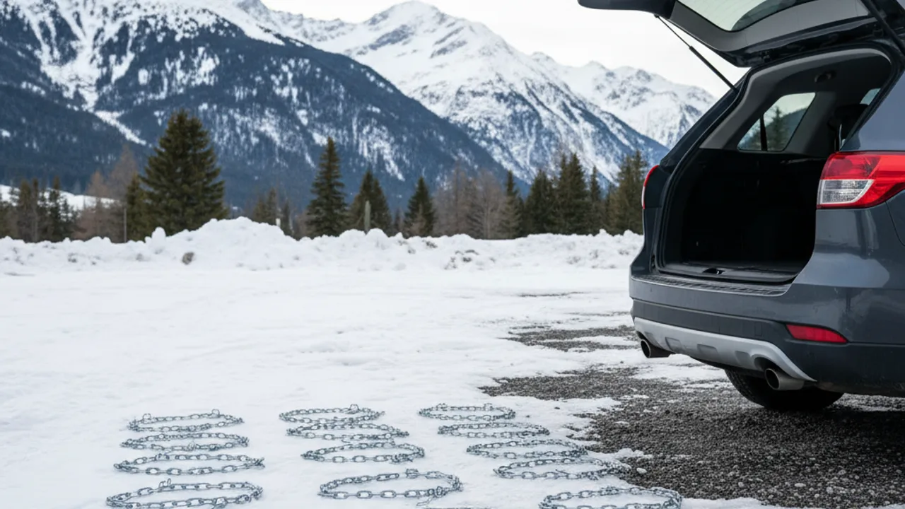 Jeu de chaînes neige prêt dans le coffre avant un départ en montagne