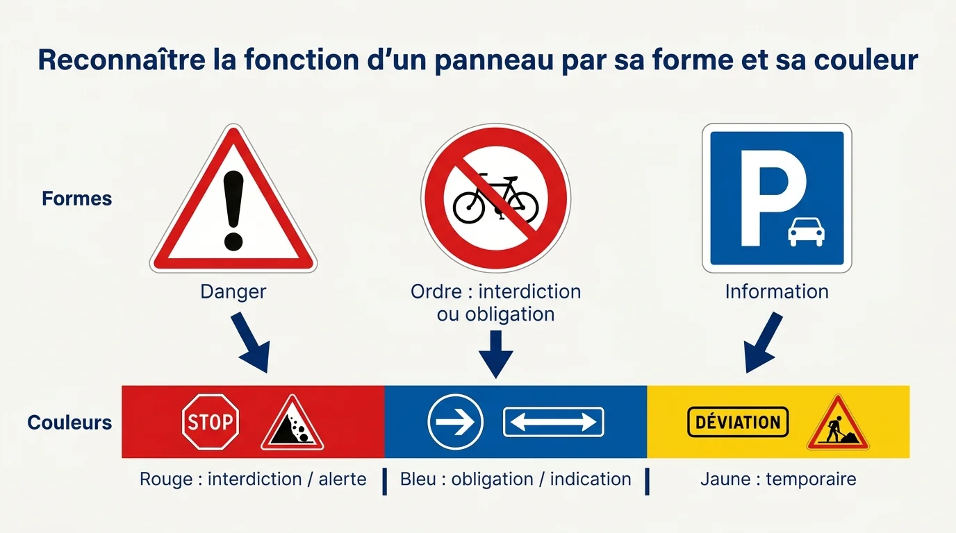La forme et la couleur d'un panneau de signalisation indiquent sa fonction