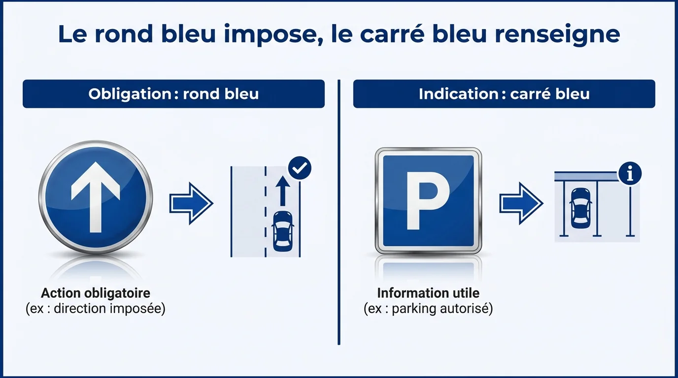 Le rond bleu impose, le carre bleu renseigne