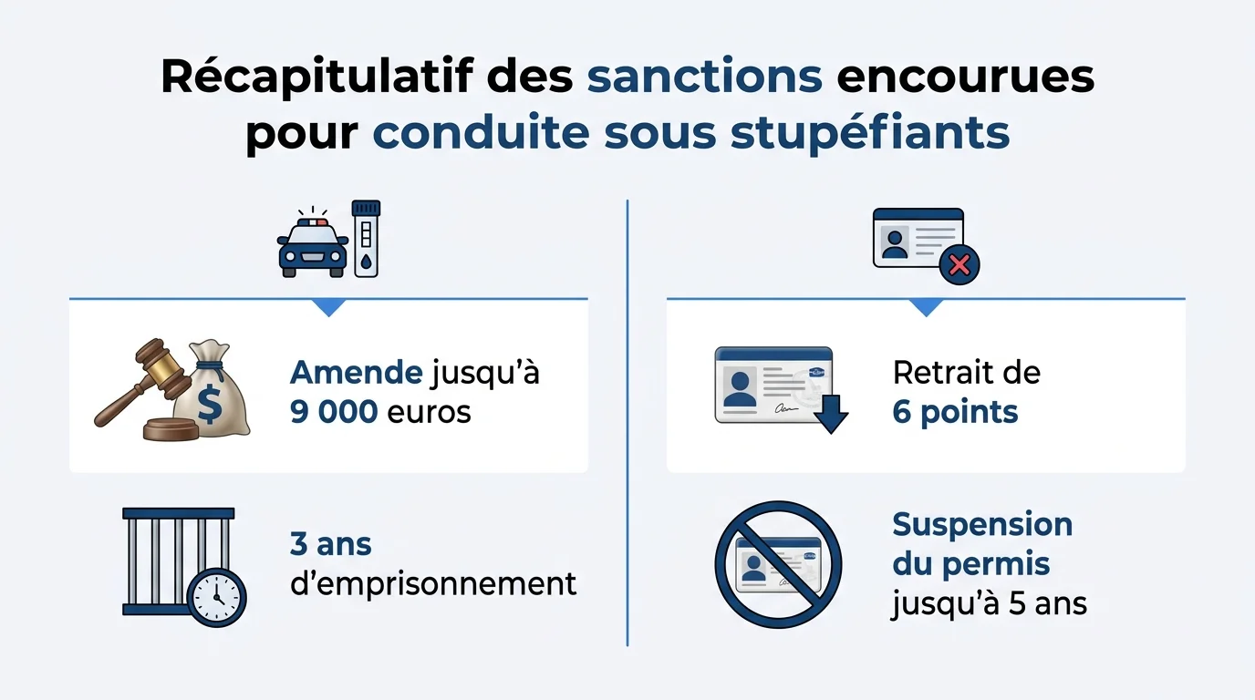 Recapitulatif des sanctions encourues pour conduite sous stupefiants