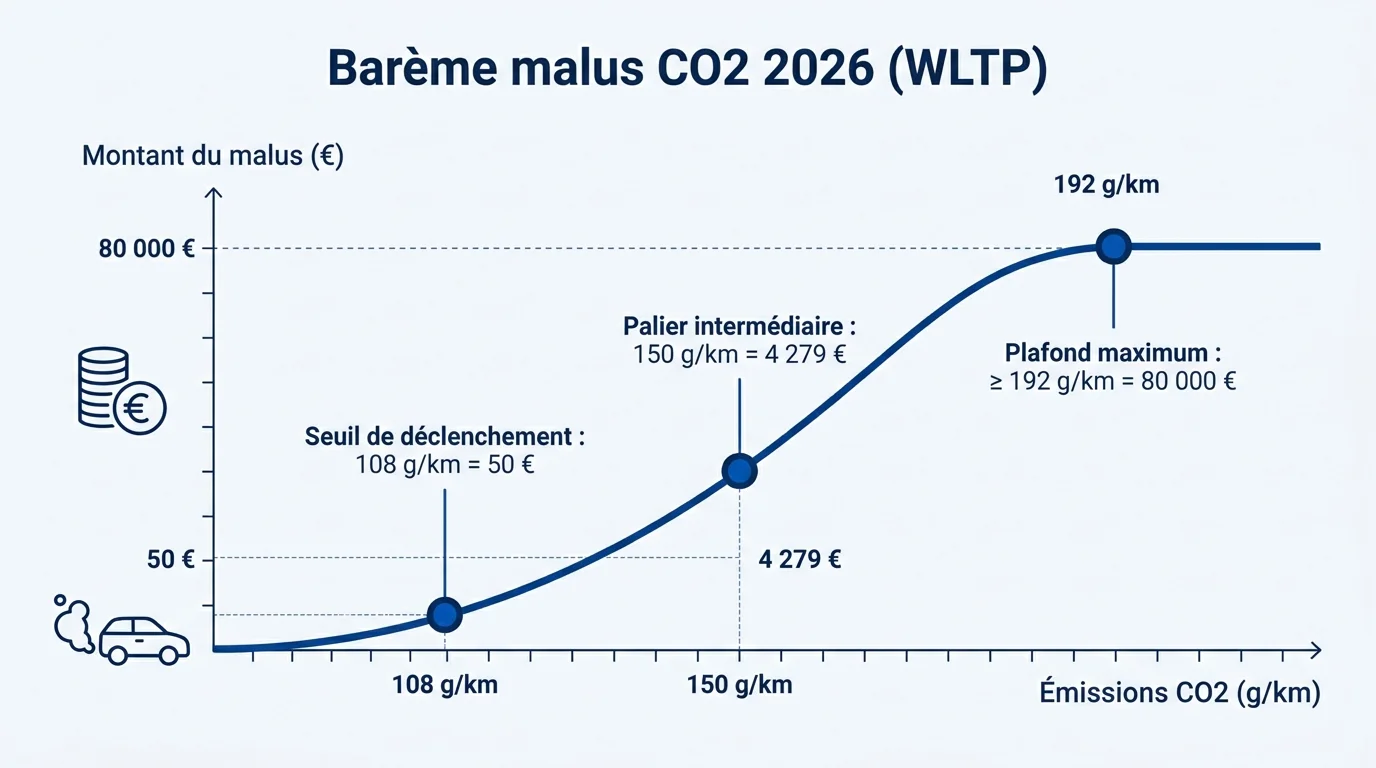 Barème du malus CO2 2026 : du seuil de 108 g/km au plafond de 80 000 euros