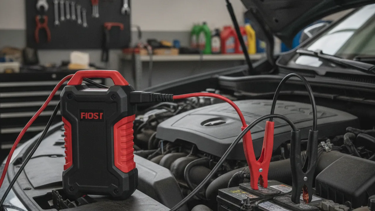 Booster de batterie lithium branché sur la batterie d'une voiture