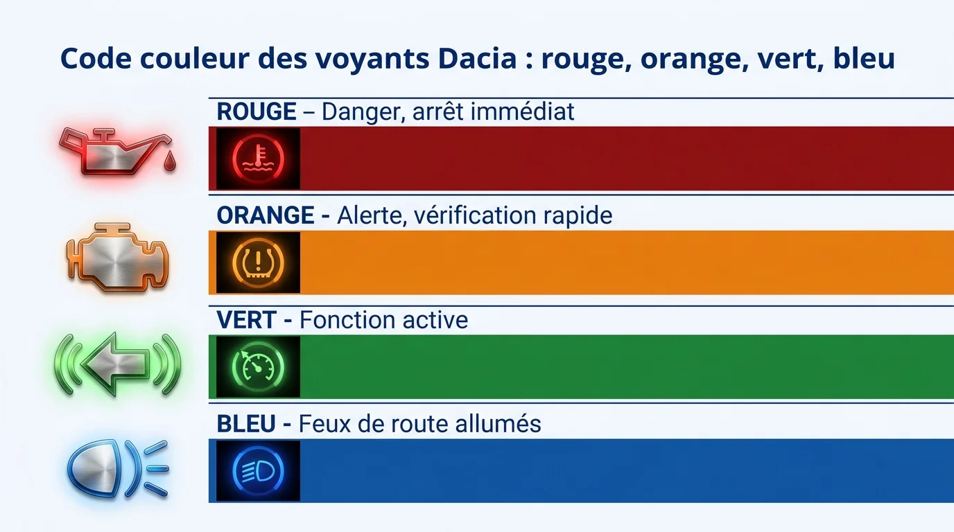 Code couleur des voyants Dacia : rouge, orange, vert, bleu