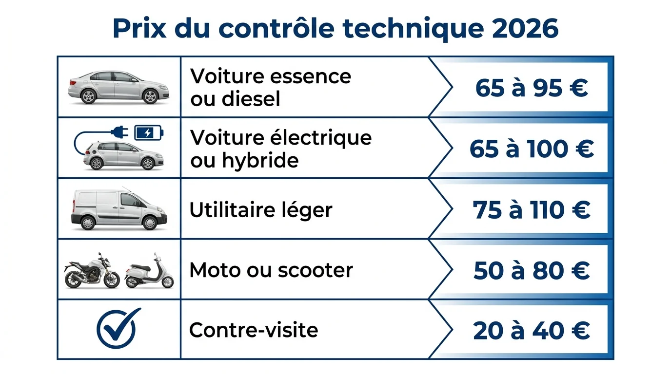 Fourchettes de prix du contrôle technique 2026 par type de véhicule