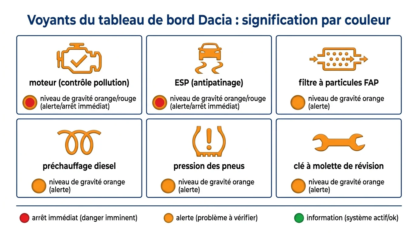 Grille des voyants Dacia courants avec niveau de gravité
