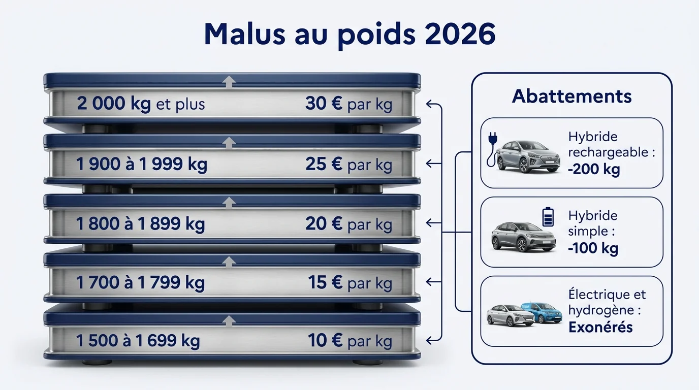 Malus au poids 2026 : tranches à partir de 1 500 kg et abattements