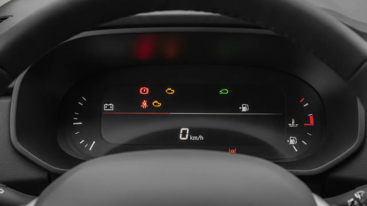 Tableau de bord numérique d'une Dacia avec voyants allumés