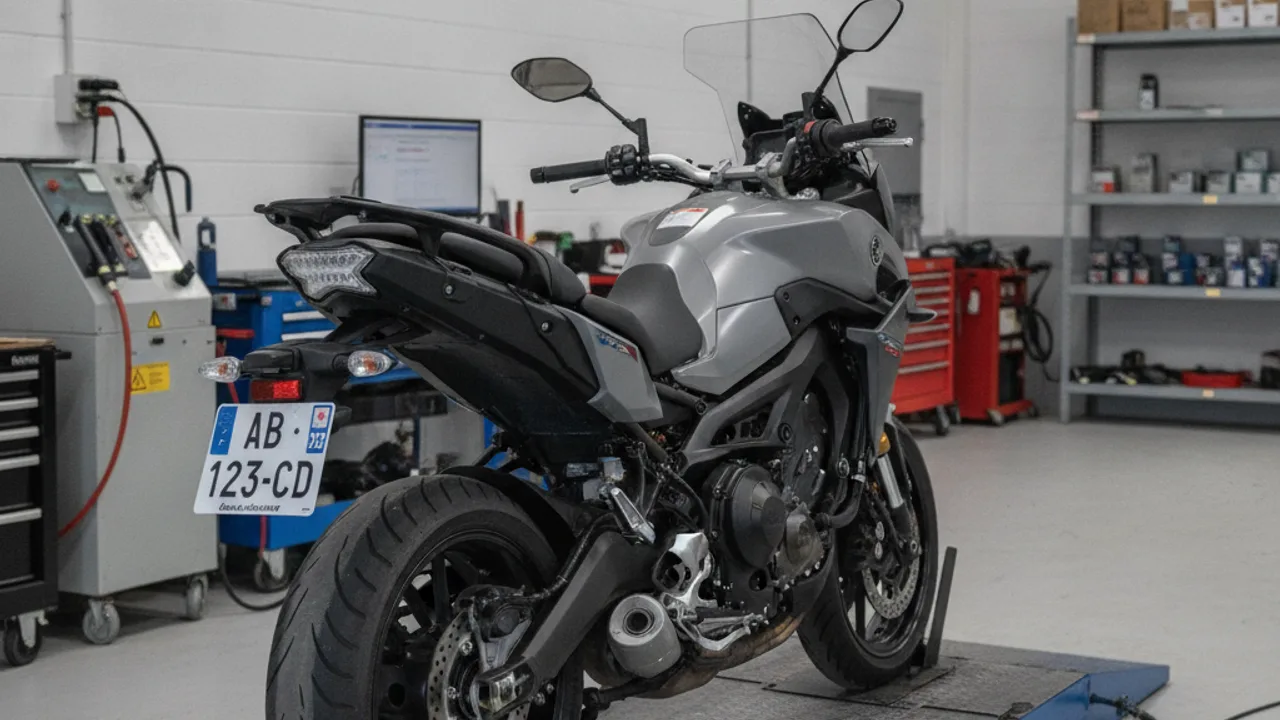 Une moto sur le pont d'un centre de contrôle technique agréé