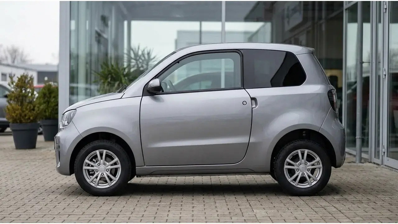 Une petite voiture sans permis 4 places exposée chez un concessionnaire