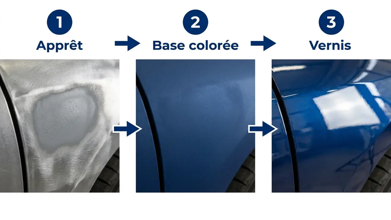 Schéma des trois étapes apprêt, base colorée, vernis sur un panneau de carrosserie