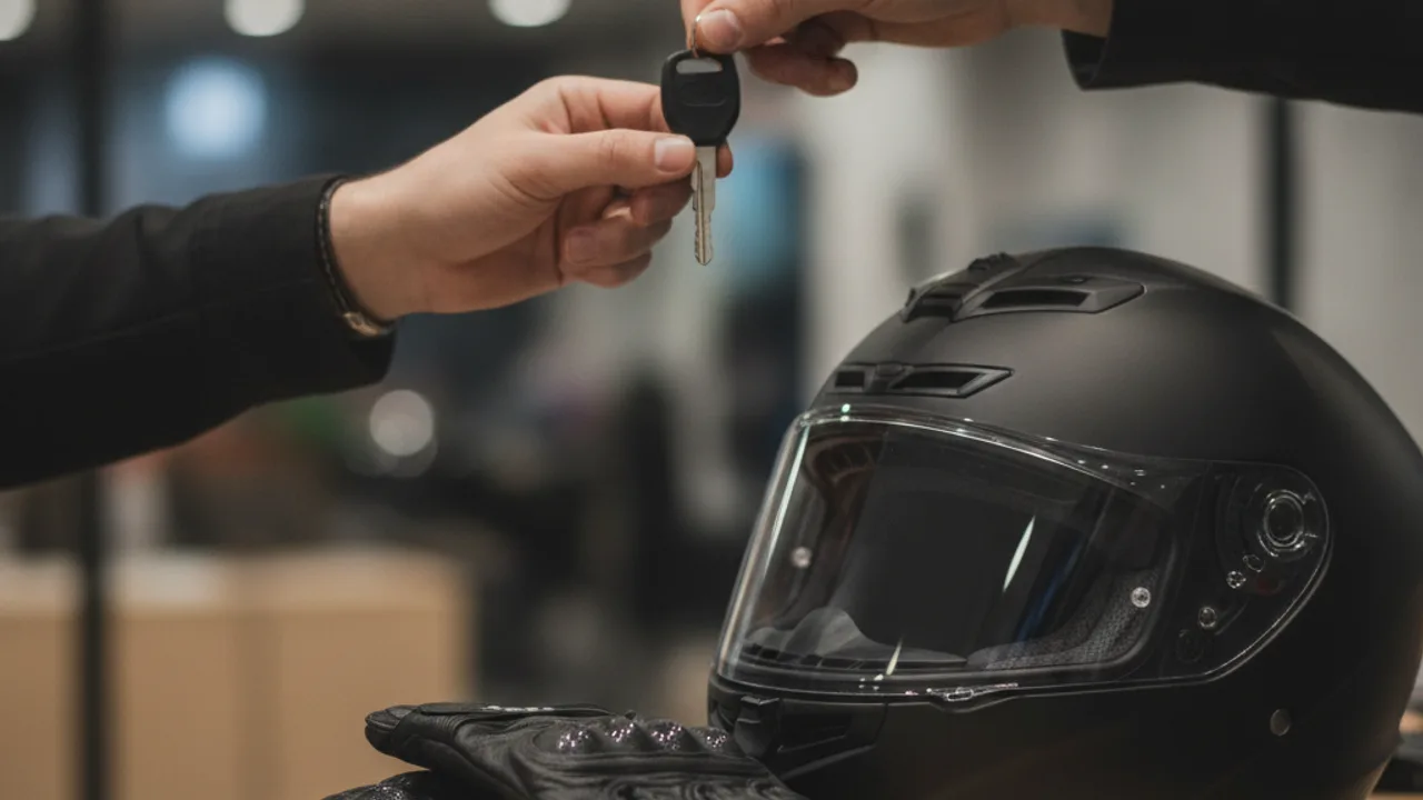 La remise des clés d'une moto de location, équipement compris