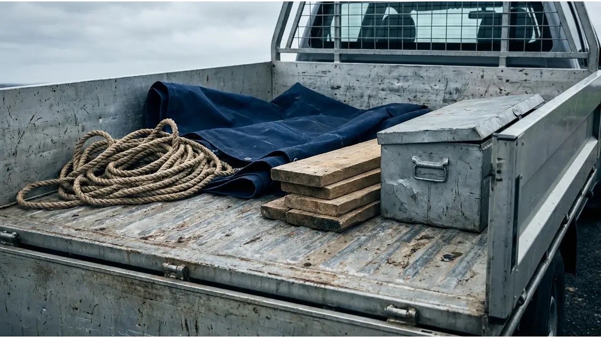 Benne ouverte chargée de planches, corde et caisse à outils