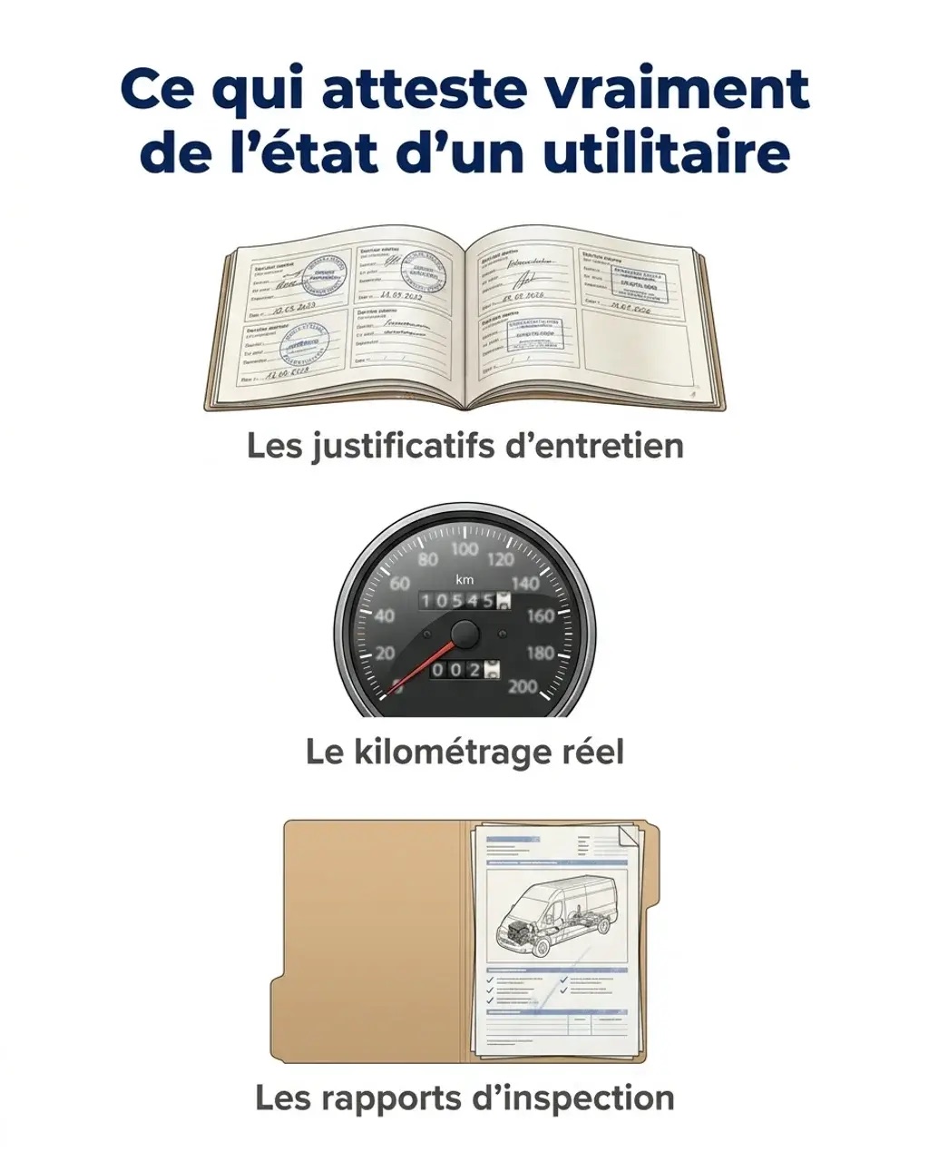 Schéma des trois justificatifs à contrôler sur un utilitaire d'occasion
