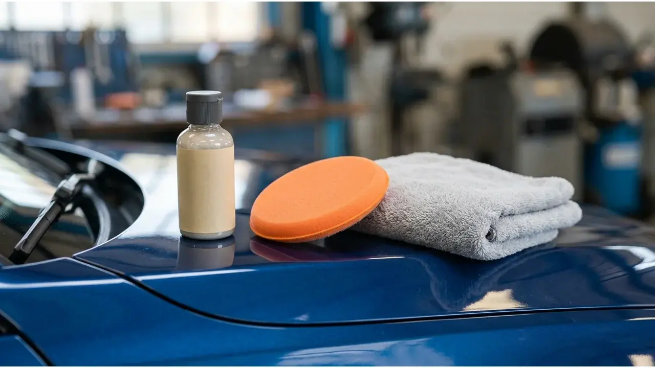 Flacon de vernis, tampon de polissage en mousse et chiffon microfibre posés sur une aile de voiture bleue