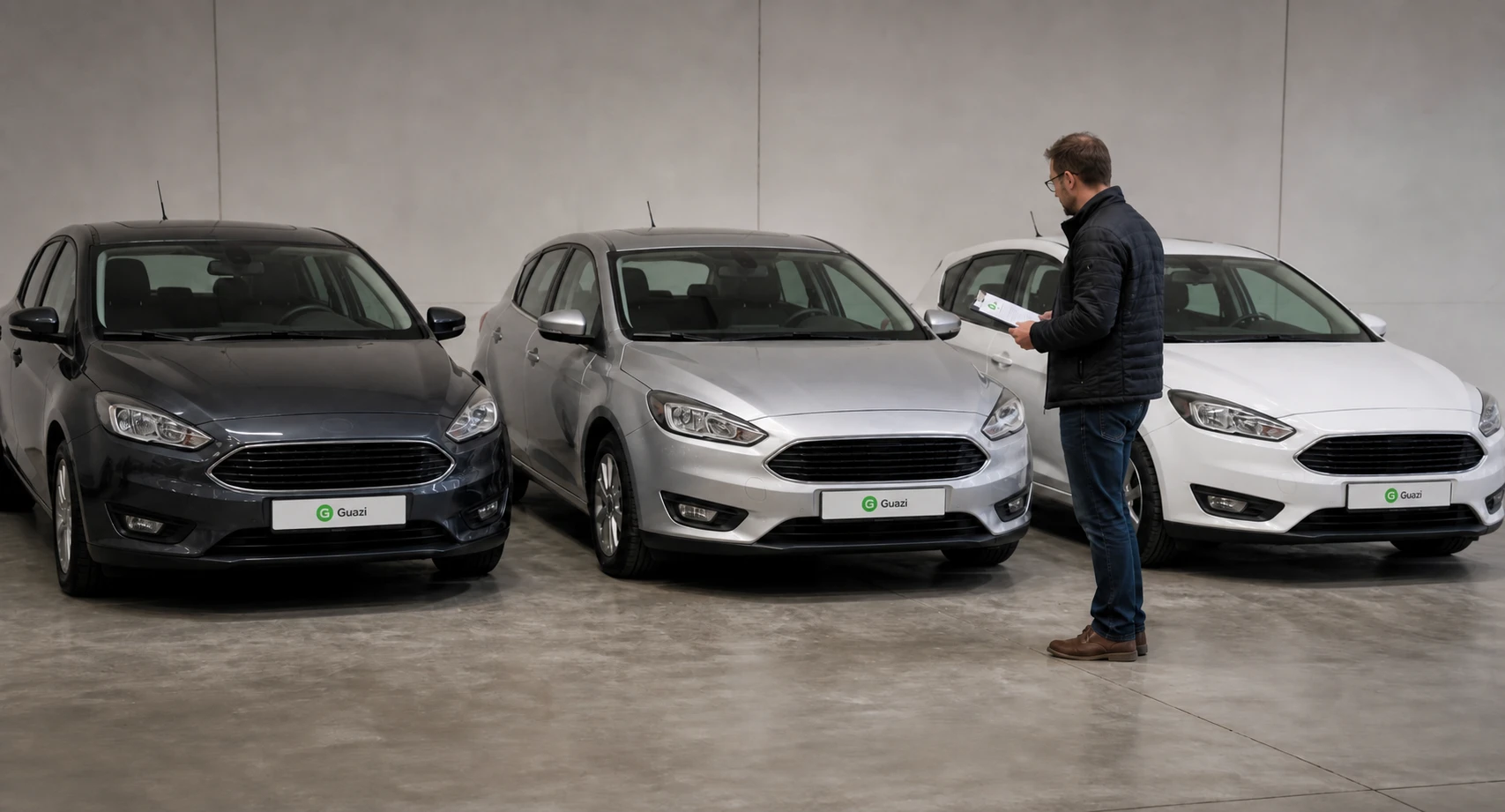 Trois voitures d'occasion comparables alignées dans un hall d'exposition