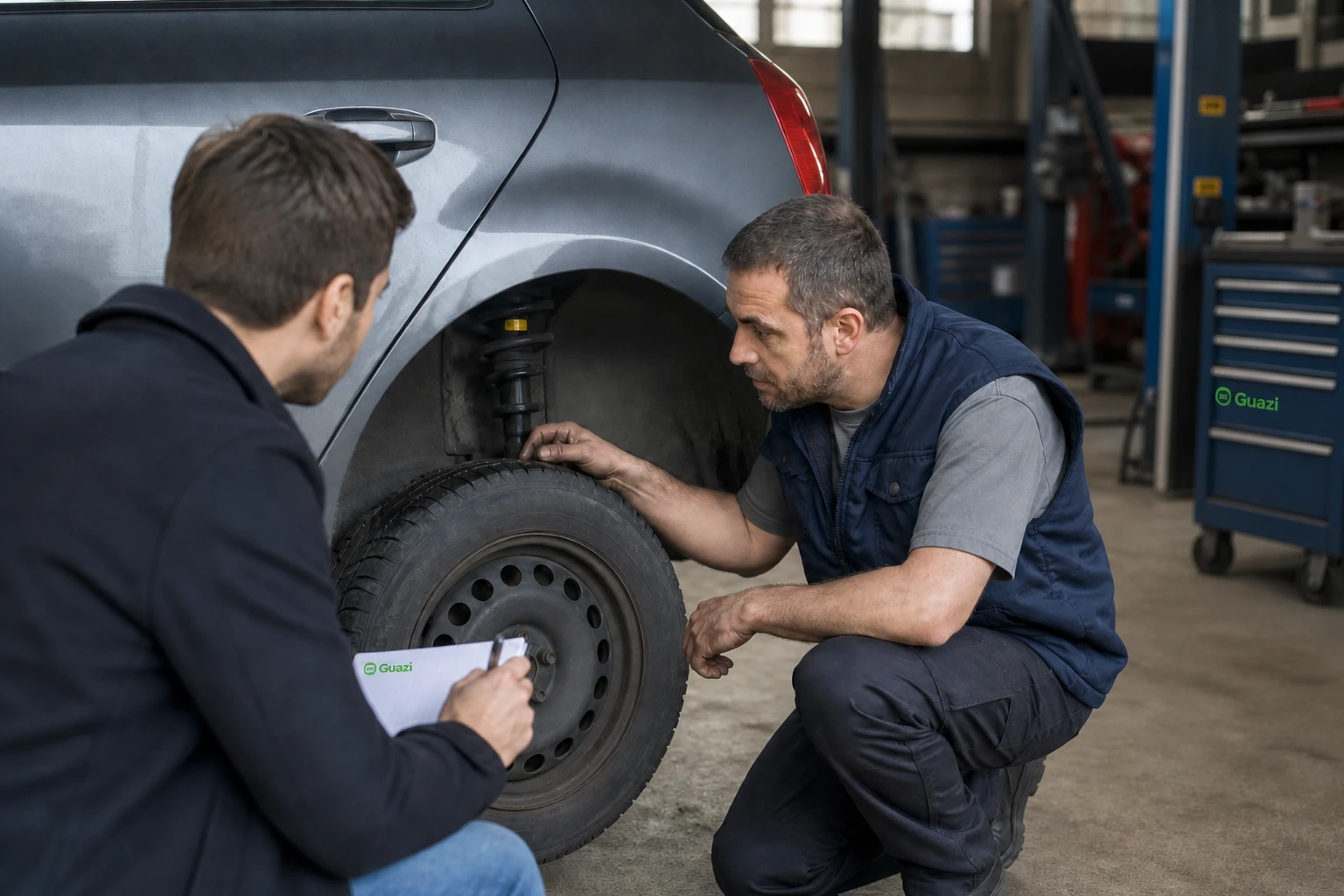 Contrôle d'un pneu et d'une roue sur une voiture d'occasion